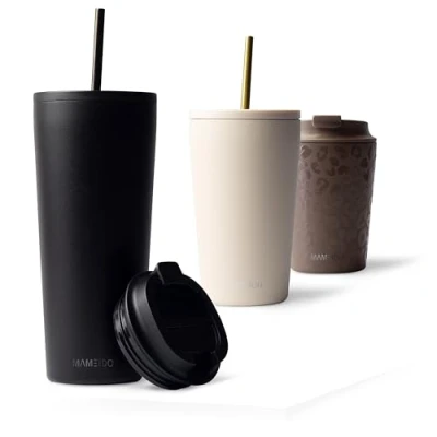 Afbeelding van Thermosbeker met rietje 470 ml &amp; 700 drinkbeker deksel en van roestvrij staal, dubbelwandig geïsoleerd, lekvrij Coffee to go beker warm koud (Rich Black, 700ml)