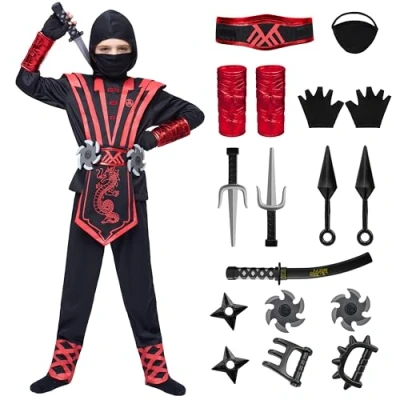 Afbeelding van Spooktacular Creations Rood ninjakostuum voor kinderen jongens en meisjes, Halloween verkleedfeest, ninja rollenspel! (Medium (7 9 jaar))