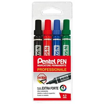 Afbeelding van Pentel Pen N50 permanente marker, conische punt, 4 stuks, verschillende kleuren (zwart, rood, blauw, groen)