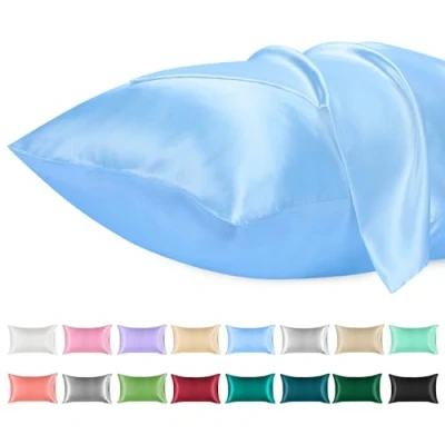 Afbeelding van Lirex Satijnen kussensloop set van 2 effen microvezel zijden kussenslopen voor King Size, met envelopsluiting kreukvrij, zacht, lichtbestendig, ademend (lichtblauw, 50 x 75 cm)
