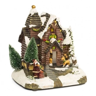 Afbeelding van Kerstdorp Huisje met kerstman Lumineo (9 LEDs, Bewegend, Muziek, Batterij)