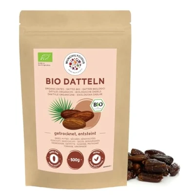 Image de dattes dénoyautées bio 500g par Munchilycious, entières et non sucrées, collations aux fruits, garniture parfaite pour le muesli, les céréales ou porridge