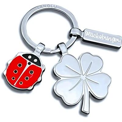 Afbeelding van LANOLU Sleutelhanger met klaver en lieveheersbeestje hanger geluksbrenger geluksoperatie geluk examen cadeau zilver S, sleutelhanger, zilver.,