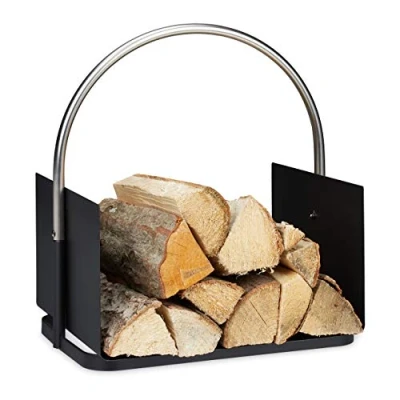 Afbeelding van Relaxdays houtmand voor binnen houtopslag haardhout brandhoutmand metaal zwart