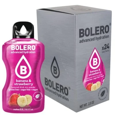 Afbeelding van Bolero Banana &amp; Strawberry 24 x 3 g, suikervrij sappoeder, gezoet met stevia + vitamine C, voor kinderen en sporters, glutenvrij, veganistisch, bananen aardbeiensmaak