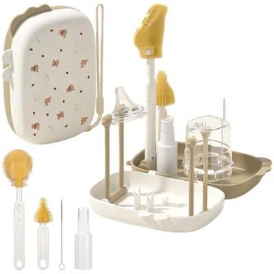 Afbeelding van brosse à biberon 7 en 1 pour bébé avec silicone, tétons, paille, support de séchage et distributeur savon, kit nettoyage biberon, idéal les voyages la