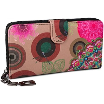 Afbeelding van styleBREAKER Damesportemonnee met etnische bloemen en bloemenpatronen, vintage design, ritssluiting, portemonnee 02040040, Donkerblauw roze