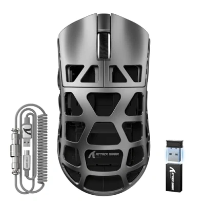 Image de ATTACK SHARK R3PRO 46g Souris Super Léger en Alliage de Magnésium, 8000Hz Polling Rate, 26000DPI, 2,4G/BT/Filaire, Capteur PixArt PAW3395, G502, Programmables avec Câble Spiralé, PC/Mac, Gris