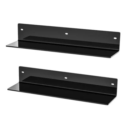 Afbeelding van Sezanrpt Set van 2 zwevende acryl wandplanken, 40 cm, zwart, L vorm wandrek voor modelbouw, kaars, kalender, handdoek, toiletartikelen, vochtbestendig, diepte 10