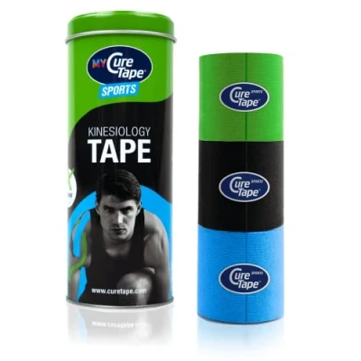 Afbeelding van My CureTape® Sports Lime, zwart en blauw, koker met 3 rollen Extra kleefkracht (kinesiotape, kinesiologie tape, fysiotape, sporttape)