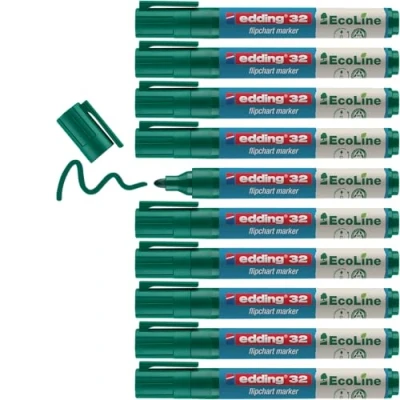 Afbeelding van edding 31 EcoLine Ezelmarker, groen, 10 stiften, 1,5 3 mm ronde punt, om te schrijven, tekenen op conferentiebordpapier, niet overlopen, uitdrogen, navulbaar