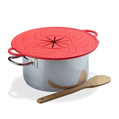 Afbeelding van Relaxdays spatdeksel silicone anti 30 Ø overkookdeksel hittebestendig rood
