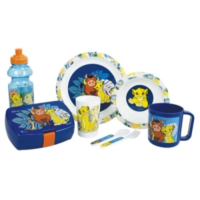 Afbeelding van LE KONING LION Kinderserviesset met glas 220 ml, diep bord Ø 16 cm, 22 mok 350 fles druppelbox en 2 deksels, hoogte 13,5 herbruikbaar servies
