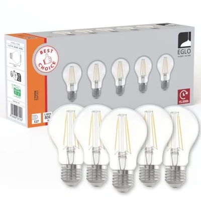 Afbeelding van EGLO 5 x E27 LED filamentlamp, Edison lamp, transparant, 7 watt (komt overeen met 60 watt), 806 lumen, warmwitte 2700 K, A60, Ø 6 cm