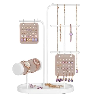 Afbeelding van SONGMICS Sieradenstandaard, sieradenstandaard met metalen frame, 2 oorbelplanken, 4 ophangstangen, kettingstandaard, oorbellen, armband, voor horloges, wolk