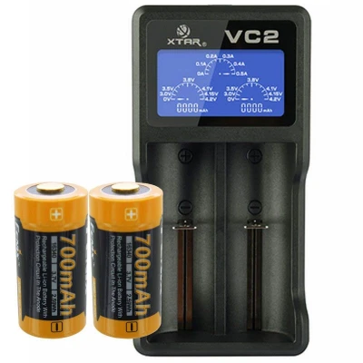 Afbeelding van 2 stuks CR123A Li ion oplaadbaar met maximaal 760 mAh en USB oplader groot display, 0,5 Ah laadstroom