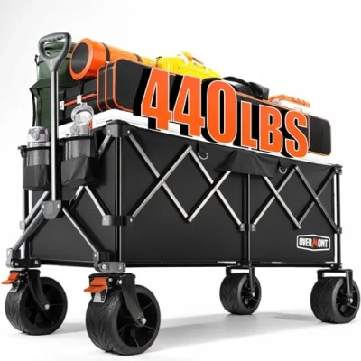 Afbeelding van Overmont Extra grote opvouwbare festivalwagen, 300 liter, brede wielen en remmen, robuuste trolley tot 200 kg, met verstelbare handgreep tas, voor strand, camping, tuin