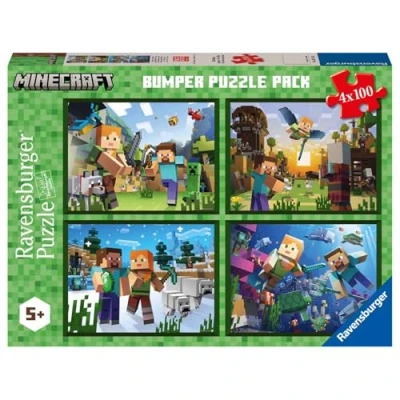Afbeelding van Ravensburger Minecraft puzzel, collectie Bumper Pack 4 x 100, puzzels van 100 stukjes, aanbevolen leeftijd 5 jaar