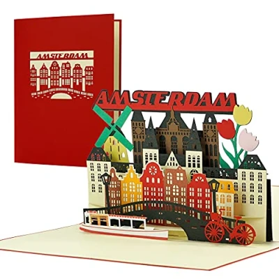 Afbeelding van Reisvoucher Amsterdam 3D pop up kaart als waardebon, uitnodiging voor vakantie, reizen naar Nederland Mooi cadeau idee en idee, A144AMZ