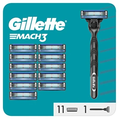 Image de Gillette Rasoir Mach3 Avec 3 lames pour hommes, 1 manche + 12 de rasoir, poignée en acier inoxydable