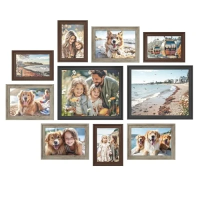 Afbeelding van SONGMICS set van 10 fotolijsten, 16 passe partout, twee 20 x 25 cm, vier 13 18 15 om op te hangen, neer zetten, glas, 12 niet markerende wandhaken RPF049K04