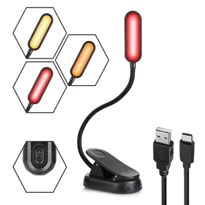 Afbeelding van Amber leeslamp voor boeken in bed, 3 verlichtingsmodi, clip on met oplaadbare batterij en USB C poort, gezond amberkleurig licht de ogen, stoort anderen niet