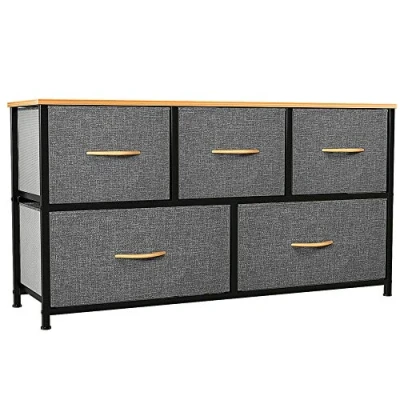 Afbeelding van YITAHOME commode voor slaapkamer, met 5 laden, van stof, opbergkast houten bovenkant en grote opbergruimte, woonkamer, kinderkamer, diepgrijs