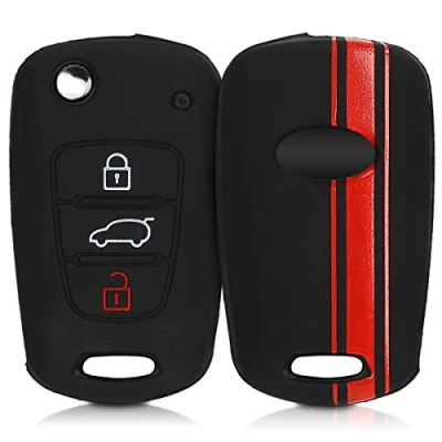 Afbeelding van kwmobile Autosleutel hoesje geschikt voor Hyundai 3 knops inklapbare behuizing in rood / zwart Rallystrepen design