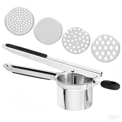 Afbeelding van Aardappelpers van roestvrij staal, robuuste aardappelstamper met 4 inzetstukken, ergonomische handgreep, gemakkelijk te reinigen, perfect voor aardappelpuree en babyvoeding