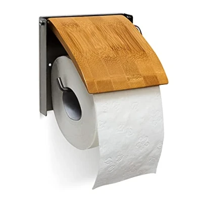 Afbeelding van Relaxdays wc rolhouder met klep toiletrolhouder bamboe closettrolhouder muur hangend