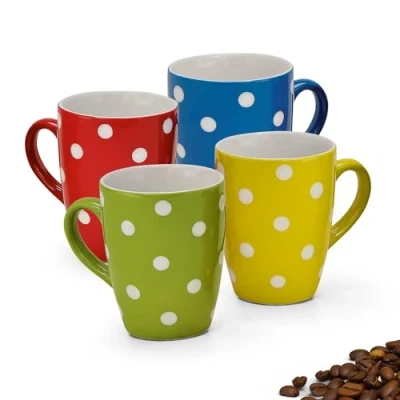 Afbeelding van Set van 4 kopjes in blauw, rood, geel en groen mooie keramische koffiekopjes 250 ml voor cappuccino, koffie, thee buitengewone koffiemok vaatwasser magnetronbestendig zoals