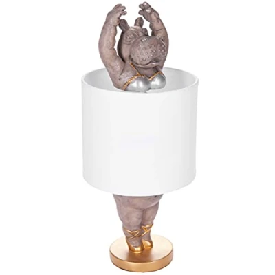 Afbeelding van BRUBAKER Tafel of bedlampje nijlpaard ballerina tafellamp met keramische voet en stoffen kap 43 cm hoogte, wit grijs