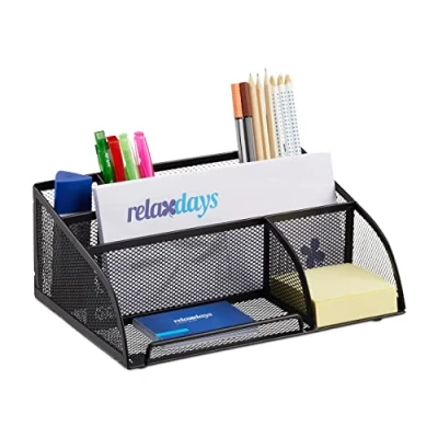 Afbeelding van Relaxdays pennenbak 5 vakken gaas metaal bureaustandaard Mesh bureau organizer zwart