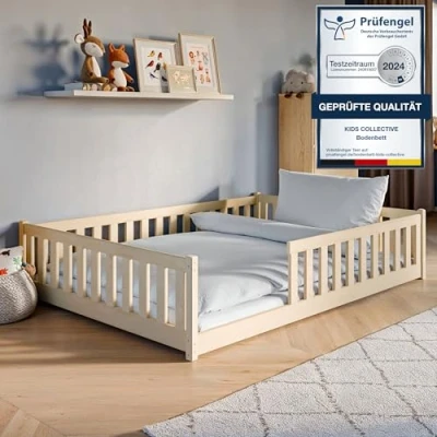 Afbeelding van kinderbed, vloerbed, 140 x 200 cm, bed met valbescherming en Montessori lattenbodem, wieg, tienerbed, eenpersoonsbed, grenen, natuur, massief hout