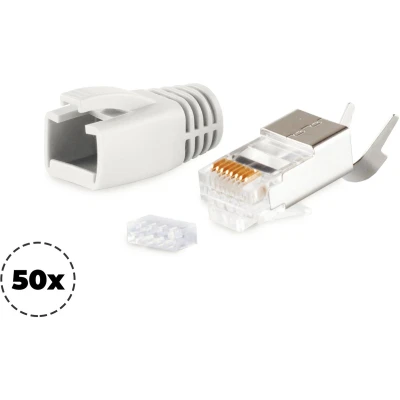 Afbeelding van RJ45 krimp connectoren (STP) voor CAT6/6a/7/7a netwerkkabel (vast/flexibel) 50 stuks (3 delig) / grijs