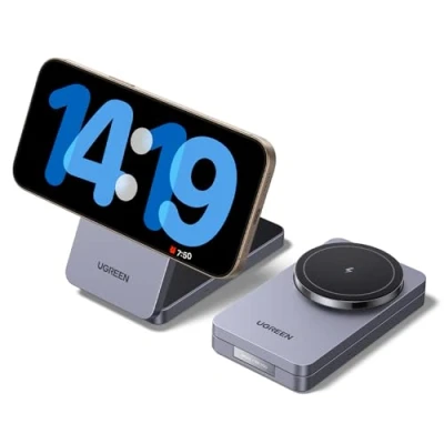 Afbeelding van UGREEN MagFlow iPhone Qi inductielader 15W 2 in 1 compatibel met MagSafe 16 Plus Pro Max 15 14 13 12 AirPods 3 draadloze oplader, magnetisch, verstelbare hoek, stand, opvouwbare oplader