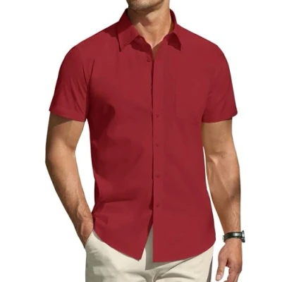 Afbeelding van DEMEANOR overhemd met korte mouwen voor heren, casual regular fit, businesshemd kreukvrij overhemd, Roze