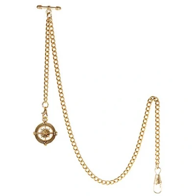 Afbeelding van TREEWETO Albert T Bar Zakhorloge ketting met antieke kompas hanger en 2 haken voor knoopvest goud, Goud