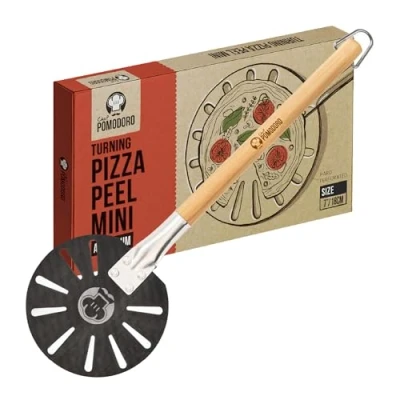 Afbeelding van Chef Pomodoro pizzaschep van geanodiseerd aluminium, met uittrekbare houten handgreep, ronde schep voor het draaien pizza, perfect grill en oven (17,8 cm)