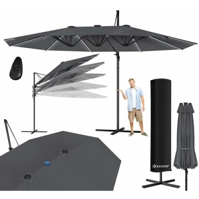 Afbeelding van KESSER® Dubbele parasol 4,6 m x 2,7 m, zweefparasolhoes en windbescherming met zwengel standaard, zwengelparasol van aluminium, waterdicht, kantelbaar 360 draaibaar, antrazit