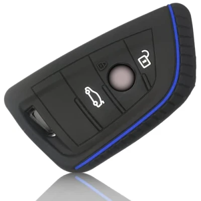 Afbeelding van FOAMO Siliconen autosleutelhoes compatibel met BMW 3 4 toetsen (alleen keyless go) zwart en blauw