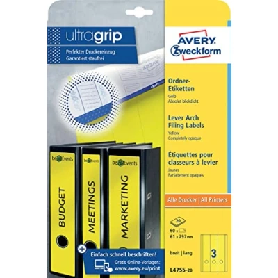 Afbeelding van Avery Zweckform L4755 20 ordnerrugetiketten ft 29,7 x 6,1 cm (b h), 60 etiketten, geel etiket