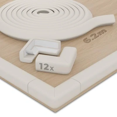 Afbeelding van Hoffenbach Schuimbescherming voor randen en hoeken, 6,2 m veiligheidsband tafel 12 x hoekkussens, meubels babybed, stootvaste stickers (gebroken wit)