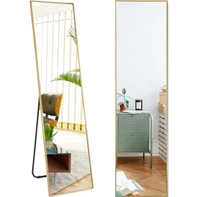 Afbeelding van SensaHome Passpiegel Minimalistische Design Wandspiegel Staande Rechthoekige Spiegel met Metalen Rand Goud 39x156x4 CM