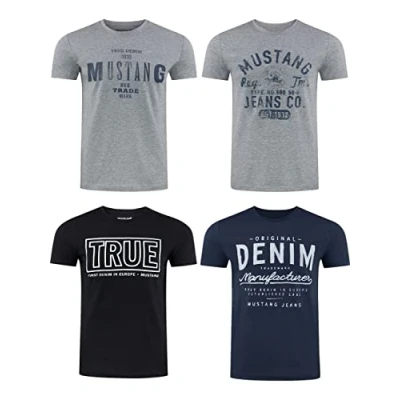 Afbeelding van Mustang Set van 4 T shirts voor heren met print op de voorkant en ronde hals, kleurenmix blauw zwart