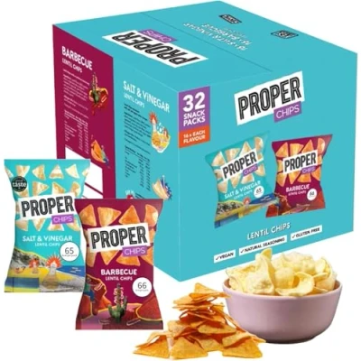 Afbeelding van 32 stuks glutenvrije linzenchips x 14 g veganistische chips geschikt voor barbecue en zoute azijn caloriearme snackbox gezonde snacks kinderen, maaltijden