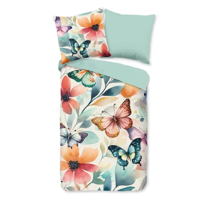 Afbeelding van Dekbedovertrek 135x200 cm Bloemen en Vlinders Print Multi 1 Persoons 100% Katoen