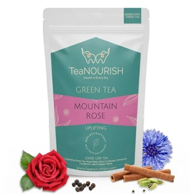 Image de TeaNOURISH Mountain Rose Green Tea Loose Leaf Blended with Petals, Blue Cornflower &amp; Cinnamon 100% NATURAL INGREDIENTS Brew Hot or Iced 50g