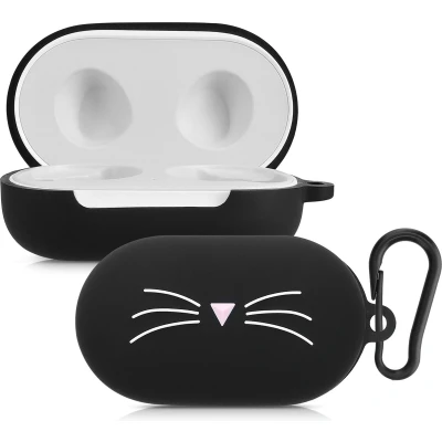 Afbeelding van kwmobile Hoes geschikt voor Samsung Galaxy Buds / Plus Siliconen cover oordopjes in zwart wit Kat design