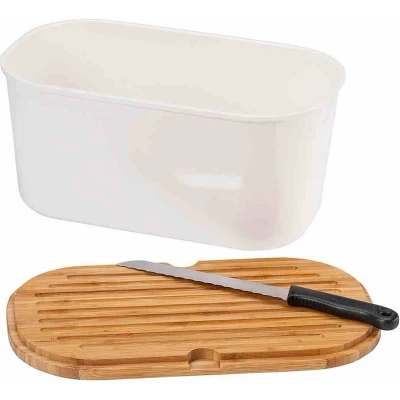 Afbeelding van Broodtrommel met Bamboe Snijplank Melamine Brood Bewaar doos + snij plank Afm 37 x 21 18.2 Cm trommel WIT